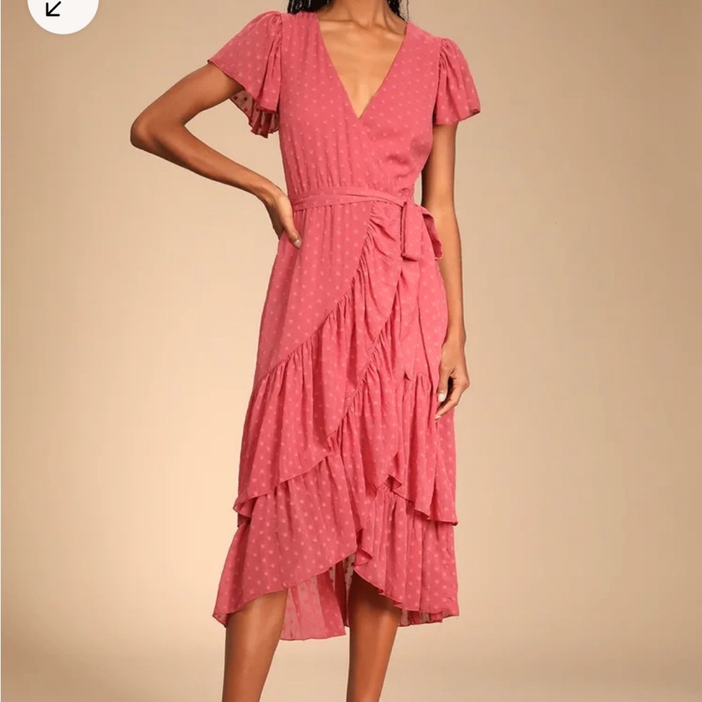 HaveHarmonyMauveSwissDot Ruffled Wrap Midi Dress